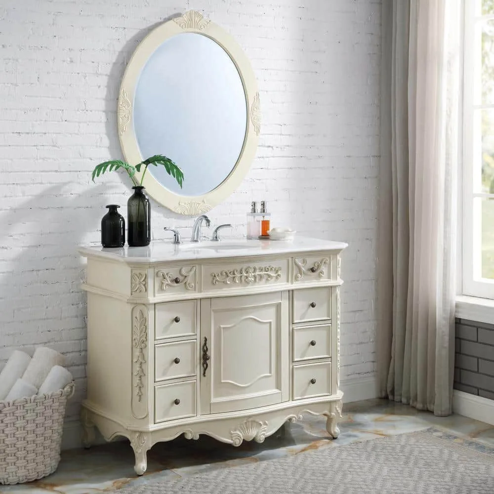 Home Depot ChatGPT ad — Home Decorators Collection Winslow 45 in. W x 22 in. D x 35 in. H Single Sink Freestanding Bath Vanity in Antique White with White Marble Top