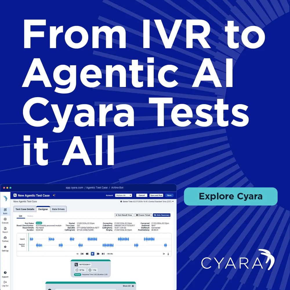 Cyara ChatGPT ad — From IVR to Agentic AI Cyara Tests it All