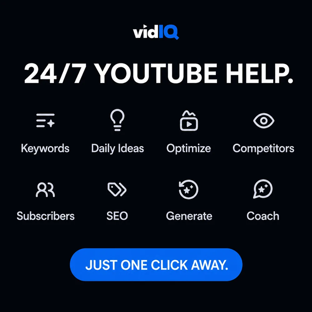 vidIQ ChatGPT ad — 24/7 YouTube Help - Start Free